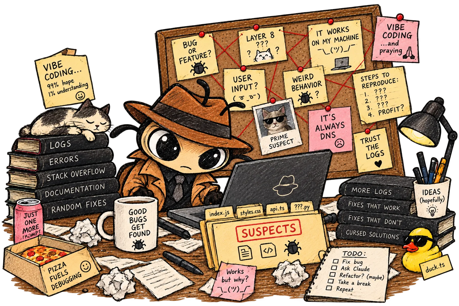 Buggo the beetle detective examines code clues at a desk beside an evidence board.